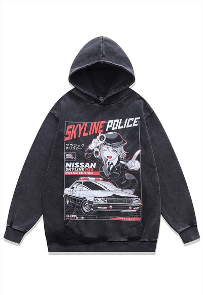 Skyline police hoodie vintage wash pullover anime jumper