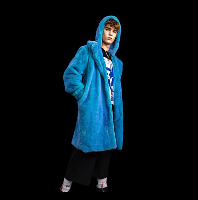 Neon faux fur long coat hooded trench bright raver bomber detachable fleece festival removable sleeves burning man jacket in electric blue