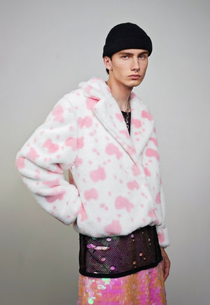 Cow trench coat pink white cropped animal print plush jacket