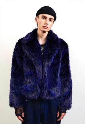 Short shaggy faux fur coat blue cropped fuzzy hair trench