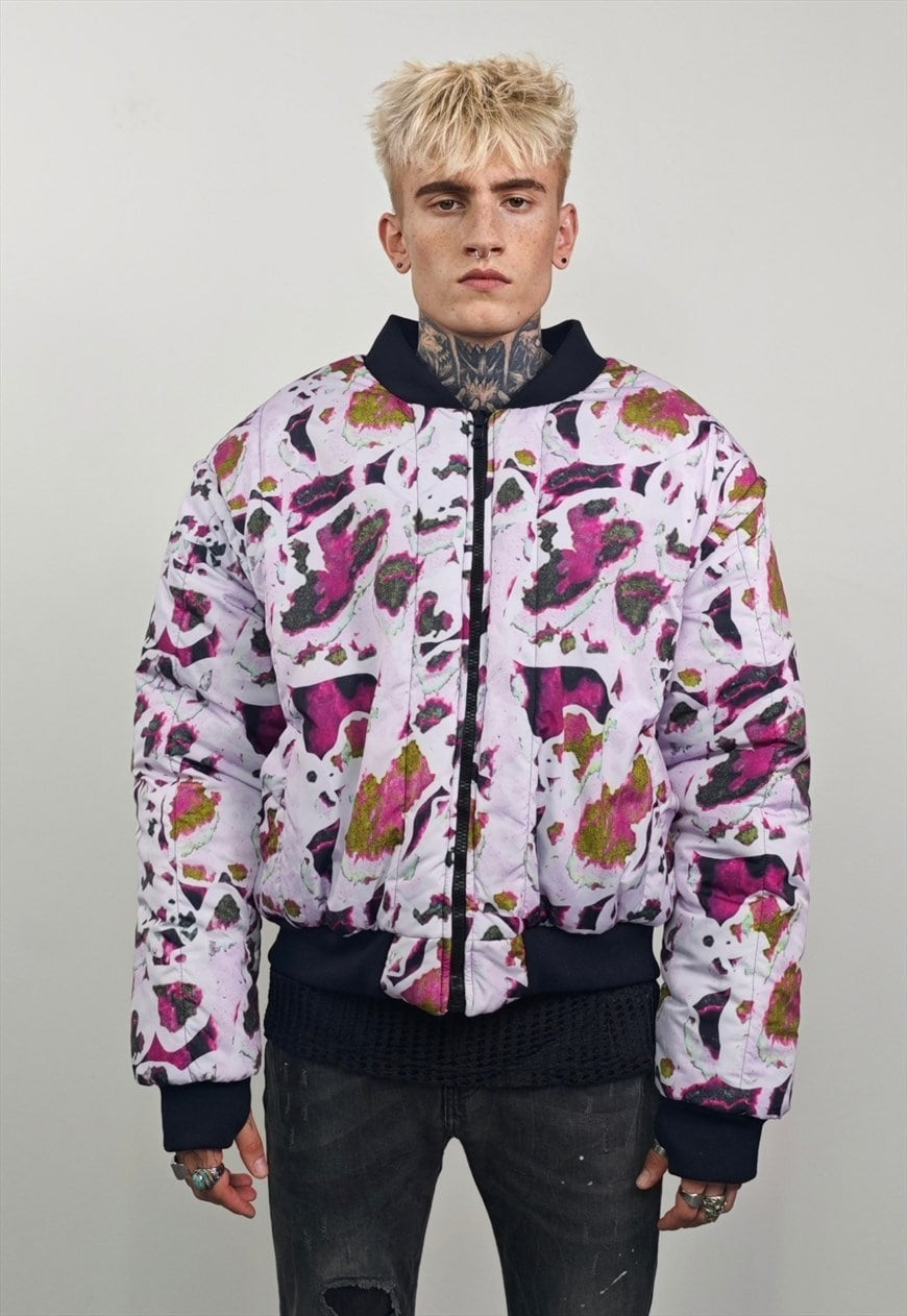 Leaves print varsity jacket pink forest reversible bomber