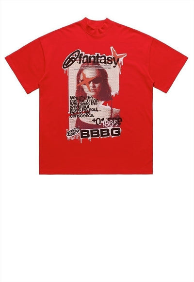 Grunge t-shirt raver print tee retro poster top in red