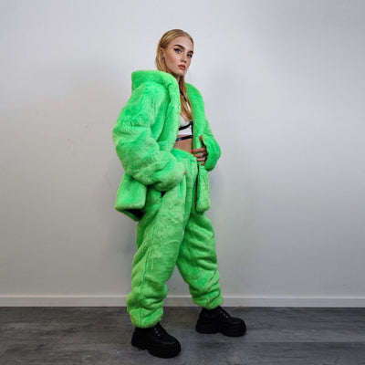 Neon faux fur joggers winter raver pants fluffy skiing trousers mountain fleece overalls festival bottoms burning man pants in green