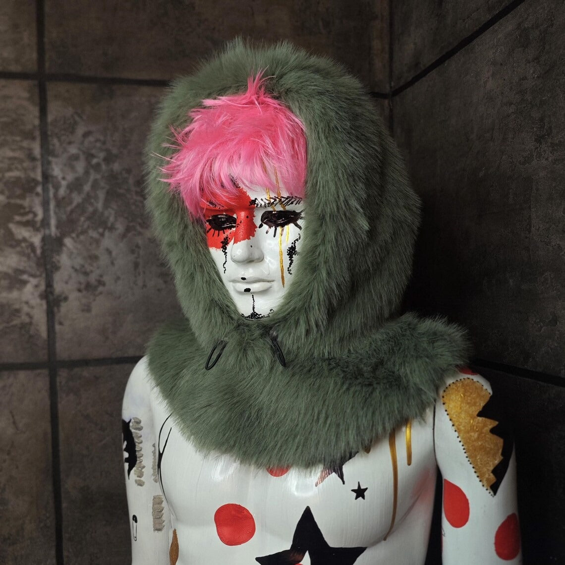 Faux fur hood green shaggy snood handmade hooded hat skiing cap allover fluffy fleece scarf unisex bucket grunge winter festival headwear