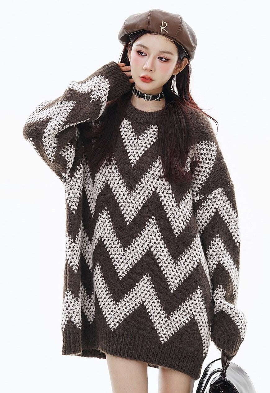 Striped sweater zigzag jumper knitted mesh top in brown