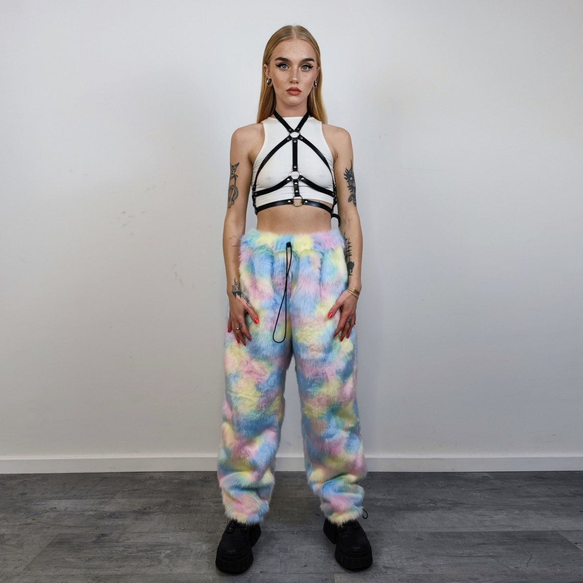 Unicorn fur joggers winter raver pants fluffy rainbow trousers skiing fleece tie-dye overalls festival bottoms burning man pants pastel pink