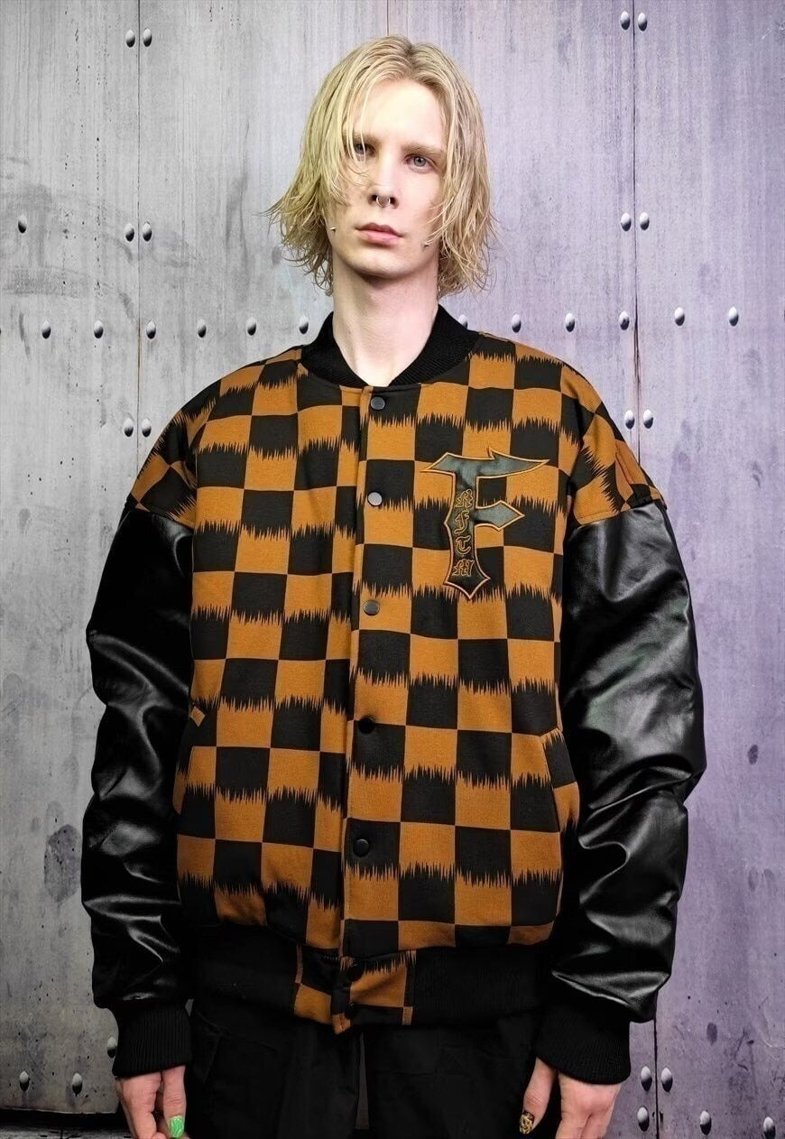 Drop shoulder varsity jacket faux leather check jacket brown