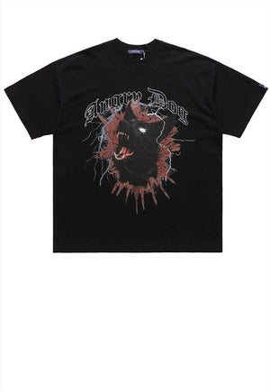 Angry dog print t-shirt grunge animal Gothic tee in black