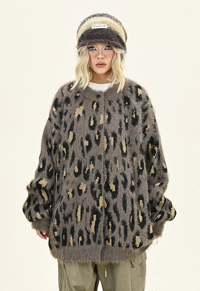 Fluffy leopard cardigan animal print fuzzy jumper in brown