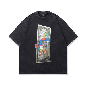 Greedy duck t-shirt money print tee classic cartoon top in vintage grey