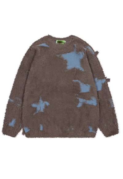 Distressed fluffy sweater brown star patch jumper fuzzy top