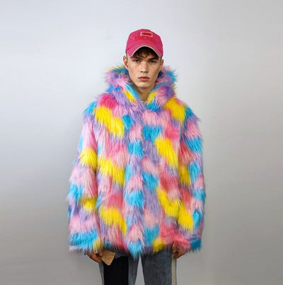 Hooded marshmallow faux fur jacket unicorn coat raver bomber fluffy tie-dye fleece rainbow festival bomber burning man going out trench pink