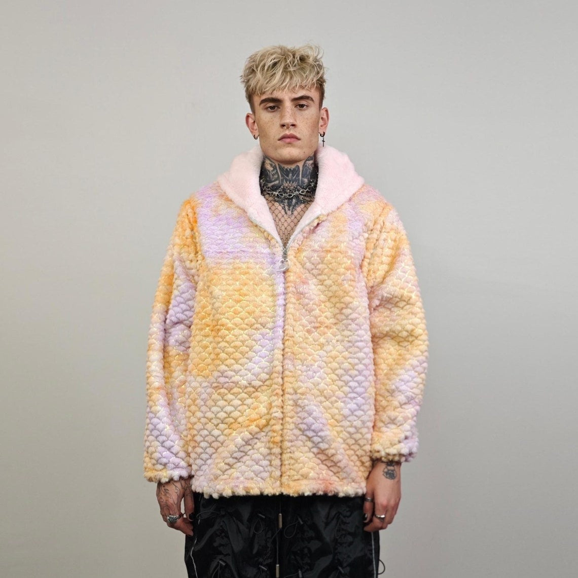 Tie-dye mermaid jacket orange reversible fleece hood faux fur bomber retro geometric coat burning man overcoat fluffy golden festival set