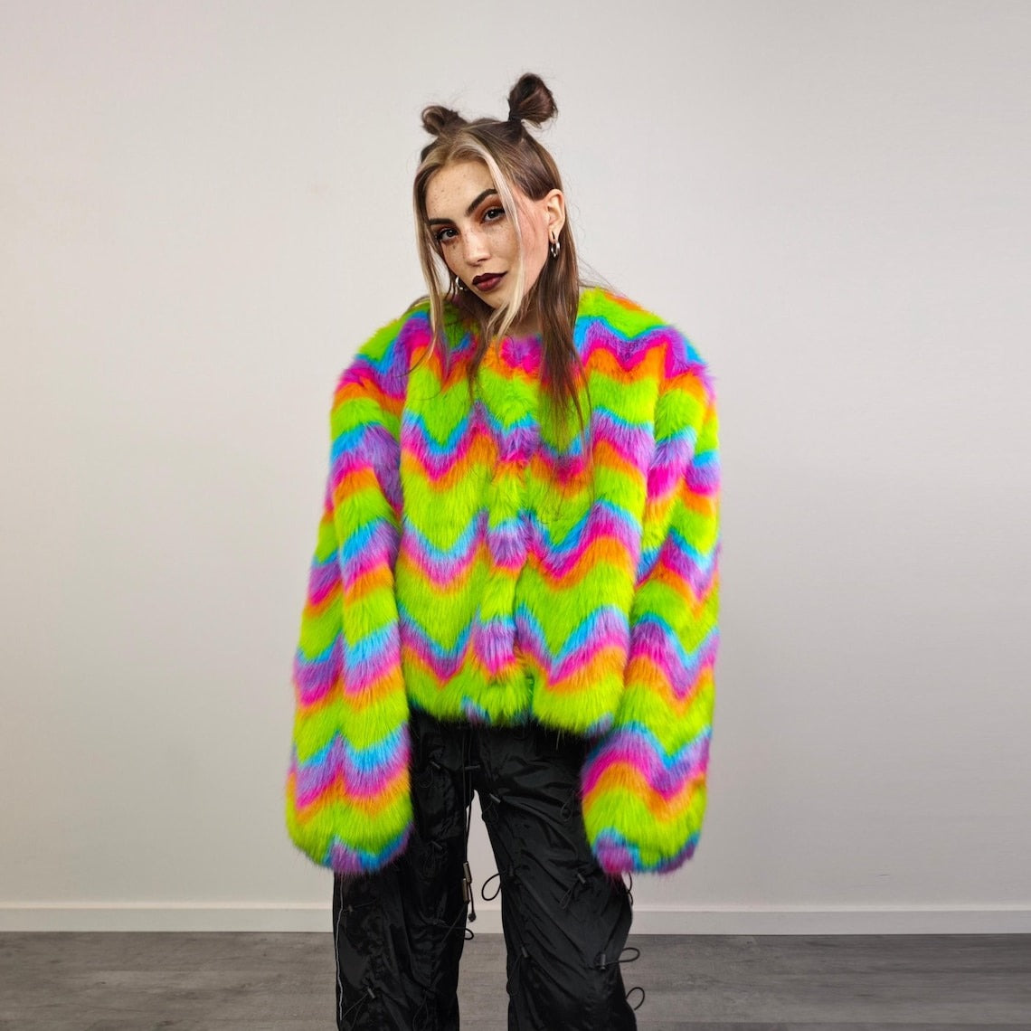 Rainbow faux fur coat short striped collarless jacket unicorn trench fluffy detachable sleeves handmade festival overcoat burning man fleece
