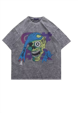 Skeleton print t-shirt skull tee grunge raver top in grey