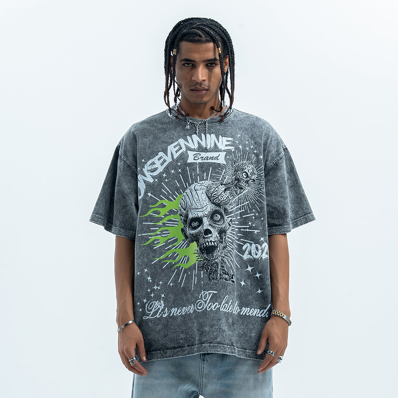 Flame t-shirt skeleton print tee grunge monster top skull jumper in Grey