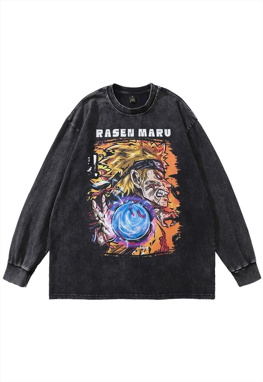 Rasen Naru t-shirt anime vintage wash top Japanese long tee