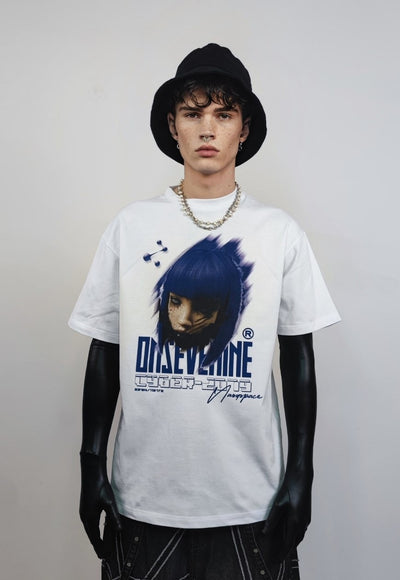 Blue hair t-shirt anime print tee grunge Japanese top grey