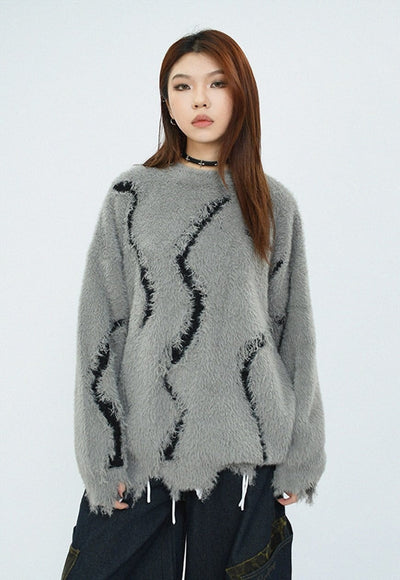 Fluffy distressed sweater stripe pattern hairy jumper grey