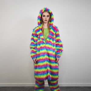 Rainbow shaggy fur coat longline striped carnival trench Gay overcoat fuzzy rave bomber Pride festival jacket LGBT custom fluffy peacoat