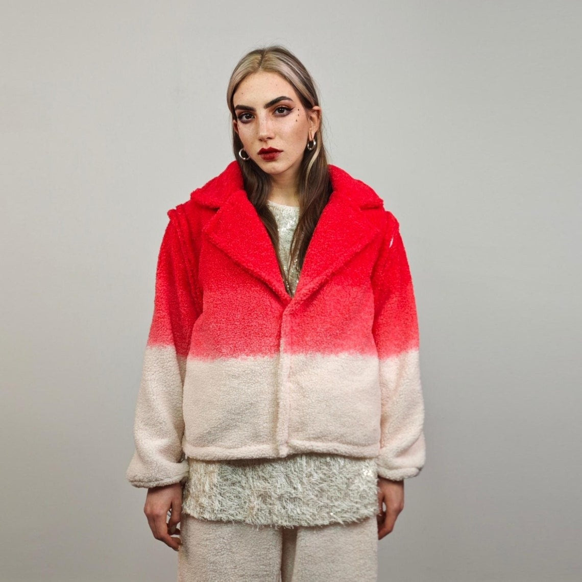 Cropped hooded fleece coat red gradient short rave jacket sports set burning man outfit detachable sleeves festival overcoat carnival trench