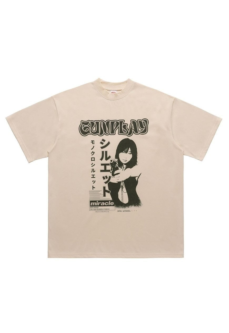 Japanese cartoon t-shirt retro poster tee anime top in cream