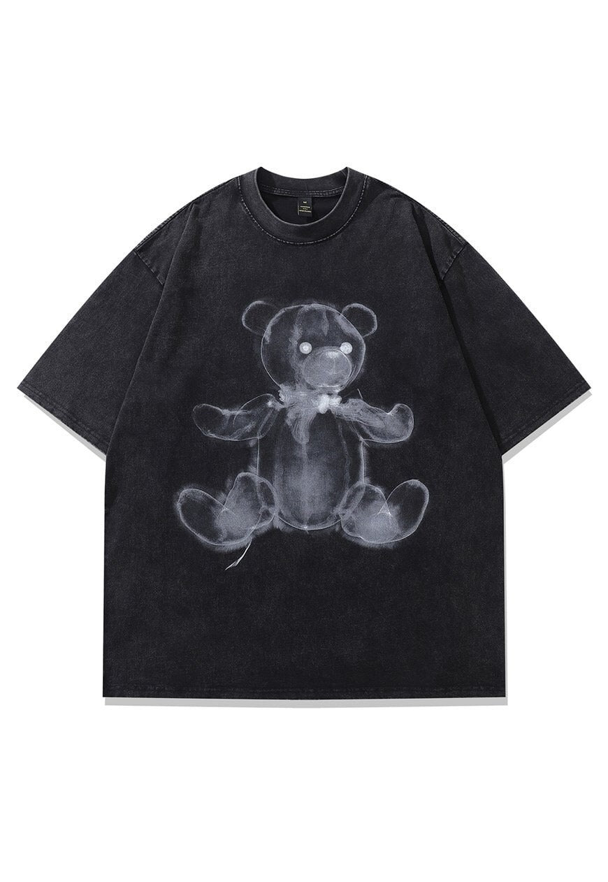 Gothic bear print t-shirt ghost cartoon tee creepy top grey