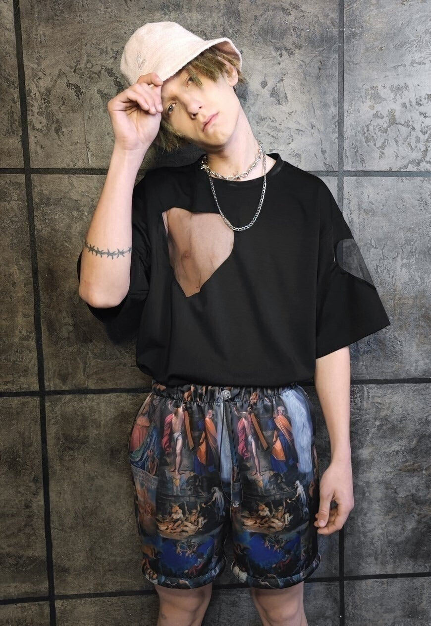 Baroque print shorts handmade religion Gothic overalls blue