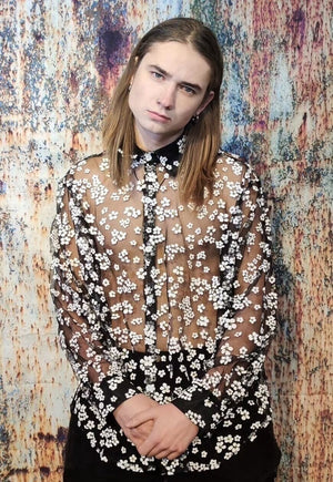 Transparent shirt daisy patterned seethrough blouse mesh top