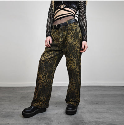 Short leopard jeans petite animal print pants unisex denim cheetah joggers glam rock trousers unisex spot print chinos in brown black