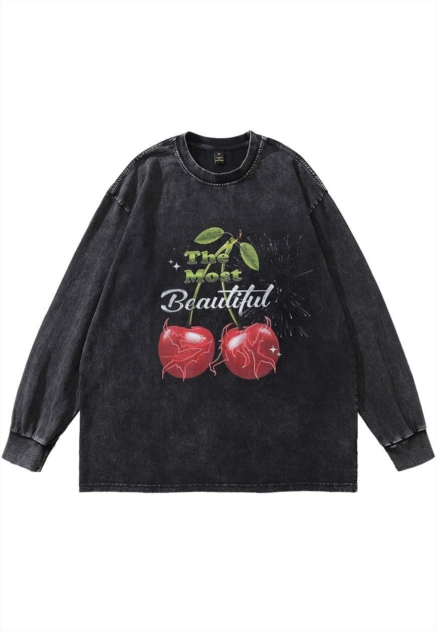 Cherry t-shirt vintage wash fruit print top long tee grey