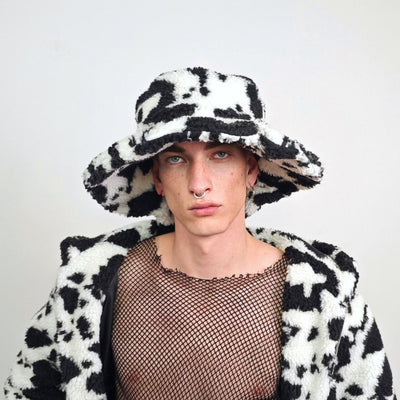 Cow fleece bucket oversize animal print hat festival fisherman furry head gown spot print cap Dalmatian headband psychedelic rave headwear