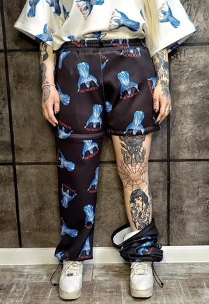 Detachable joggers handmade God print pants in blue