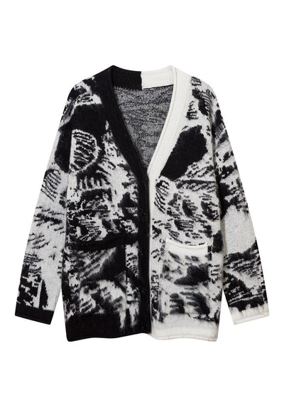 Mountain print cardigan fuzzy jumper fluffy grunge top black