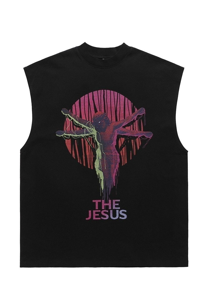 Jesus print tank top surfer vest retro sleeveless t-shirt