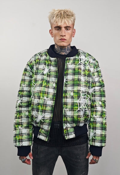 Spider print varsity jacket green checked reversible bomber