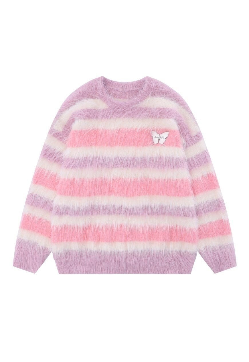 Striped sweater fluffy knitted jumper soft fleece in pink