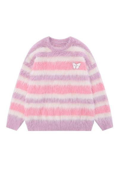 Striped sweater fluffy knitted jumper soft fleece in pink