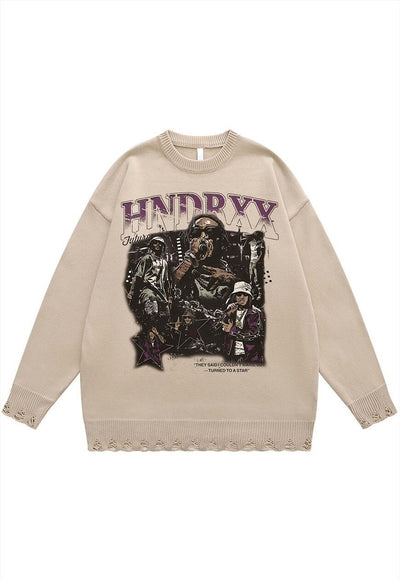 Future sweater knit distressed jumper rapper print top beige