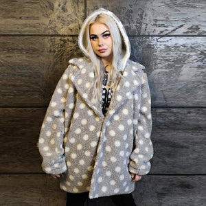 Polka dot fleece coat handmade 2in1 hood trench jacket grey