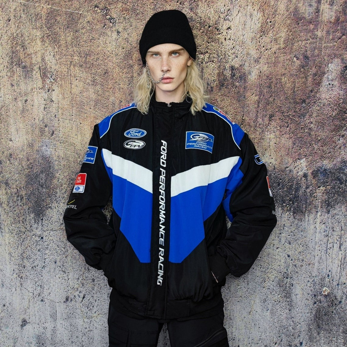 Ford racing jacket multi patch motorcycle varsity vintage Formula one letterman bomber premium biker jacket in black and blue