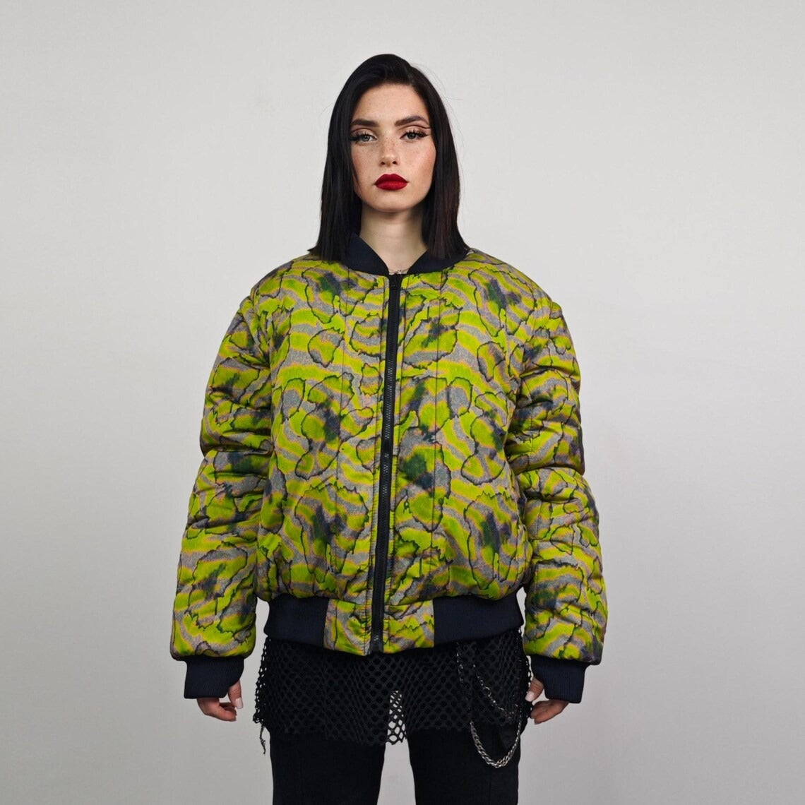Psychedelic bomber animal print jacket green reversible tropical college varsity detachable sleeves handmade rave puffer festival neon coat