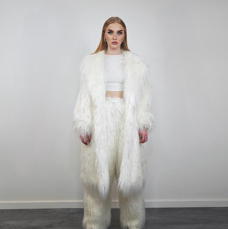 White shaggy fur coat longline hairy trench long hair overcoat fuzzy rave bomber festival jacket acid Burning man customizable peacoat