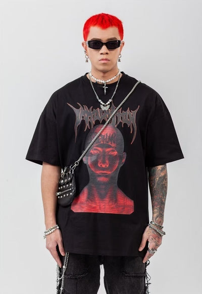 Gothic print t-shirt punk grunge monster tee raver top black