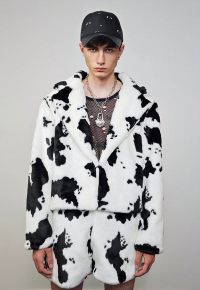 Short cow print coat faux fur cropped animal print trench