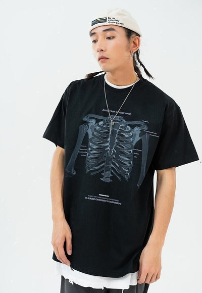 Skeleton bones print t-shirt anatomy tee Gothic top in black