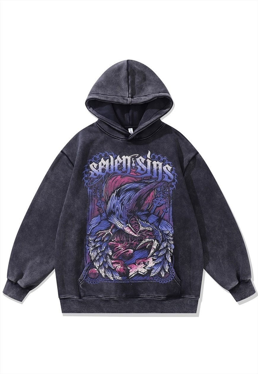 Raven print hoodie Gothic pullover creepy cartoon jumper