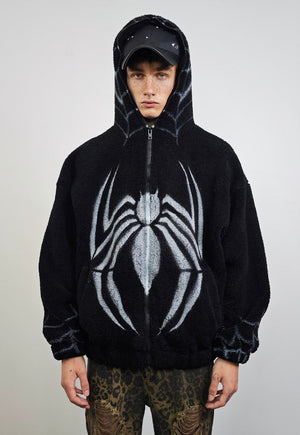 Gothic fleece jacket spider graffiti fluffy bomber punk coat