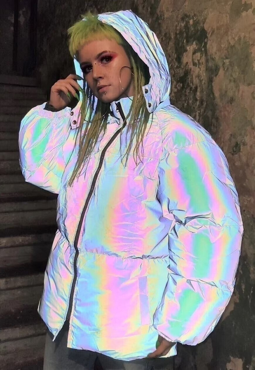 Reflective winter bomber luminous puffer jacket in grey