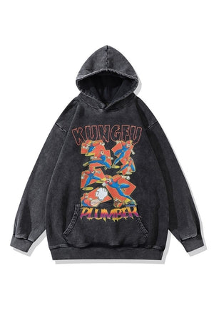 Kung Fu print hoodie anime pullover Japanese top in grey